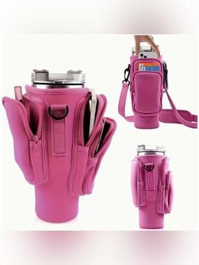 Dark Pink Tumbler Holder with Adjustable Strap and Pockets